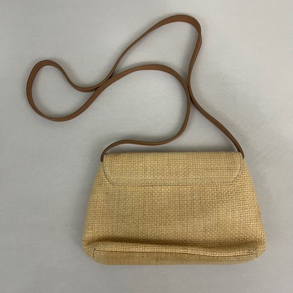 Vintage Fossil Straw Crossbody Bag Purse Floral Embroidered Tan‎ Leather Strap - Picture 2 of 13